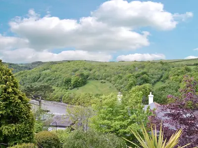 a view of a hill with a house and trees at Little Larnick in Looe