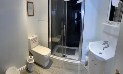 a bathroom with a shower and a toilet and a sink at Sawyers Bed and Breakfast in Looe