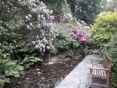 a wooden bench sitting next to a path with flowers at Coachman's in Forrabury
