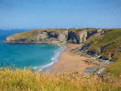 a painting of a beach next to the ocean at Sunset Cottage in Tintagel