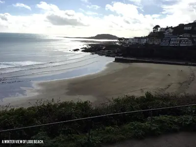a view of a beach with houses and the ocean at Museum Apartment in Looe