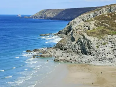 an aerial view of a beach near the ocean at Willow - 31287 in Porthtowan