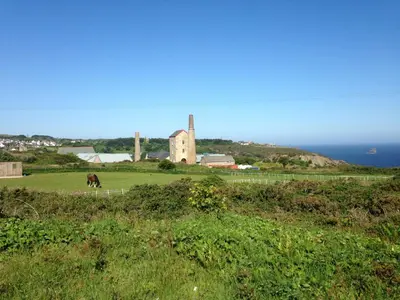 a horse grazing in a field near the ocean at Rosenn Teyr in St. Agnes