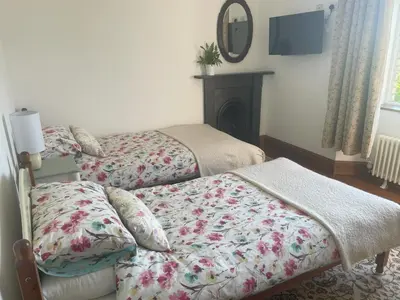 a bedroom with two beds and a fire place at Treganoon House, Lanlivery in Bodmin