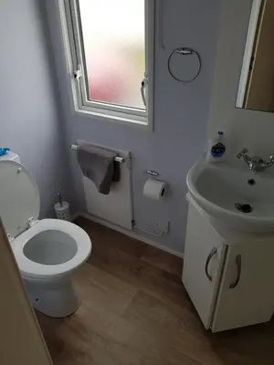 a bathroom with a toilet and a sink and a window at Caravan Willerby Rio in Looe