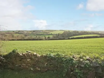 a large field of green grass with hills in the background at Rose Cottage in Helston