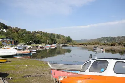 a group of boats sitting on the shore of a river at Roosters in Lostwithiel