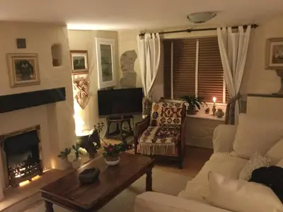 a living room with a couch and a fireplace at Jasmine Cottage in Lerryn