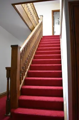 a stairway with red carpet and red stairs at Great Trethew Manor Hotel & Restaurant in Menheniot