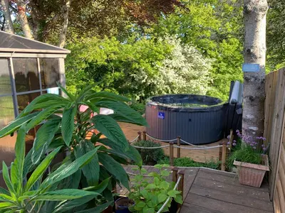 a garden with a large tub in a yard at So Tranquil in Charlestown