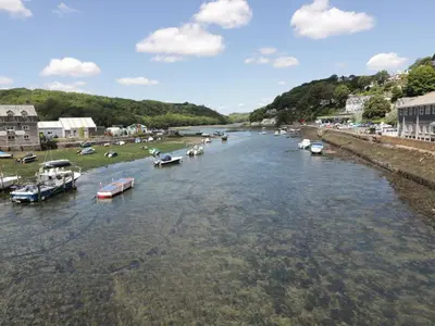 a river with boats docked in a town at Harbour View Apartment in Looe