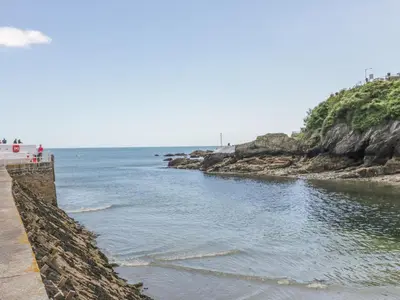 a retaining wall next to a body of water at Harbour View Apartment in Looe