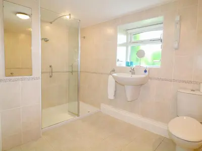 a bathroom with a toilet and a sink and a shower at Forget-me-not in Saint Columb Major