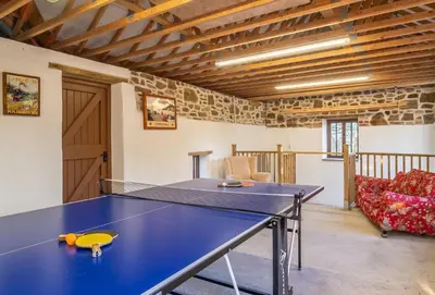 a ping pong table in a living room with a ping pong ball at Church Close Cottage in Gwennap
