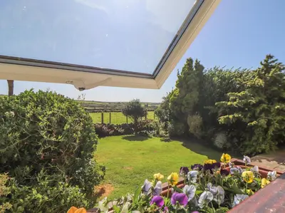 a view of a garden from the patio of a house at Bowling Green Cottage in Redruth