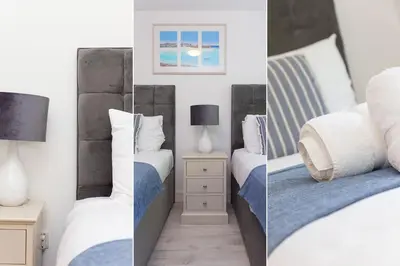 two pictures of a bedroom with two beds at Lamorna in St Ives