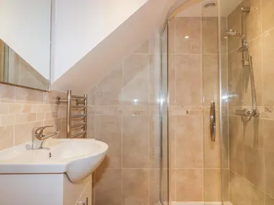 a bathroom with a shower and a sink at Captain's Cabin in St Austell