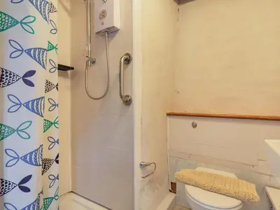 a bathroom with a shower and a toilet at Talland House in Polperro