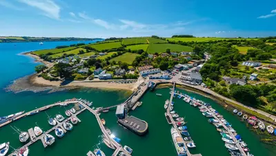 an aerial view of a marina with boats at Cregoes, Mylor - Bungalow - Riverview - Free Parking & WiFi - Pet friendly in Flushing