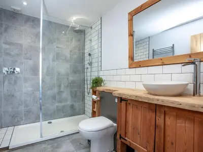a bathroom with a toilet and a sink and a shower at Vredehoek in Quethiock