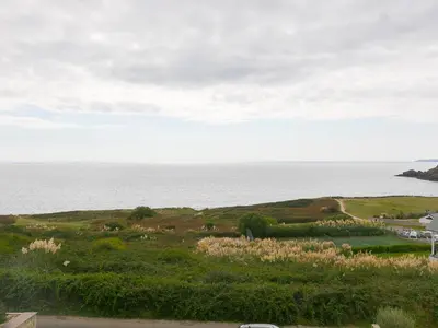 a view of a field with the ocean in the background at Sea Sands in Penzance