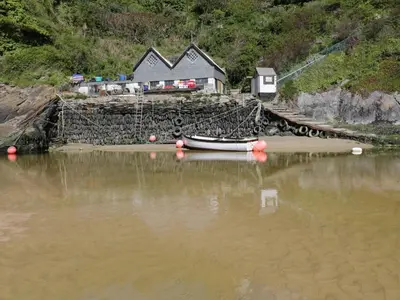 a boat sitting on the shore of a body of water at Great Western Farmhouse in Newquay