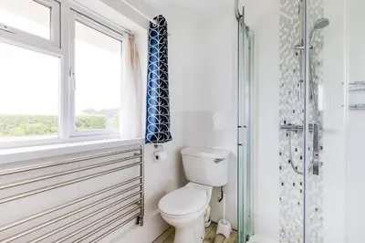 a bathroom with a toilet and a window and a shower at Trebartha in Polzeath