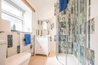 a bathroom with a shower and a toilet at Polrunny Farm Seaberry Cottage with a sea view and log burner in Boscastle
