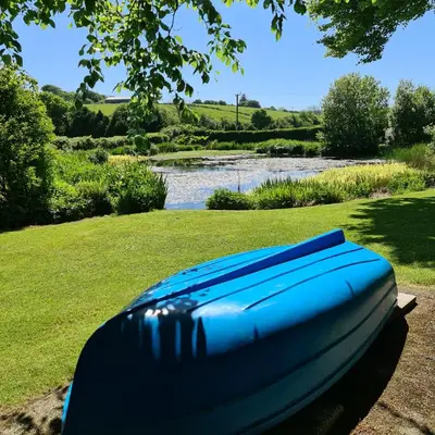 a blue boat sitting on the grass next to a river at Ta Mill Holiday Cottages & Lodges -Ta Mill House in Launceston