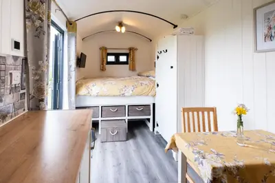 a small bedroom with a bed and a table at Shepherds hut with valley views in Bodmin