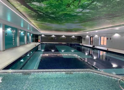 a swimming pool with a ceiling with a tree on it at 81 Hengar Manor in Bodmin