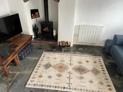 a living room with a rug and a fireplace at The Cottage St Kew in Port Isaac