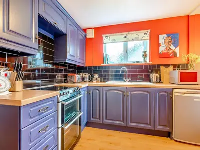 a kitchen with blue cabinets and an orange wall at Hindscarth Apartment - Uk39610 in Davidstow