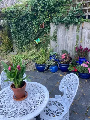 a table and chairs with potted plants and a fence at Bissick Old Mill Suite in Truro