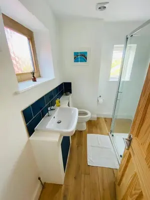 a bathroom with a white sink and a toilet at Beautiful 2 bed end terrace Victorian town house in Redruth