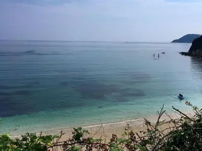 a beach with a group of people in the water at Holiday Home Sea Echo by Interhome in St Austell