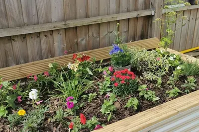 a wooden bench with flowers in a garden at Chy Lowen Private rooms with kitchen, dining room and garden access close to Eden Project & beaches in Saint Blazey
