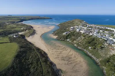 an aerial view of a beach and the ocean at Treheyl, Pentire, Newquay in Newquay