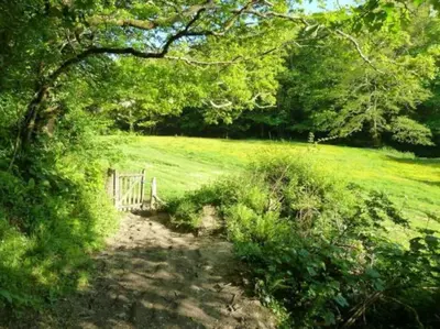 a path in a field with a fence and trees at Kallowen Cottage at Crackington Haven, near Bude and Boscastle, Cornwall in Bude