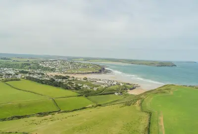 an aerial view of a beach and the ocean at Anneth Lowen in Polzeath