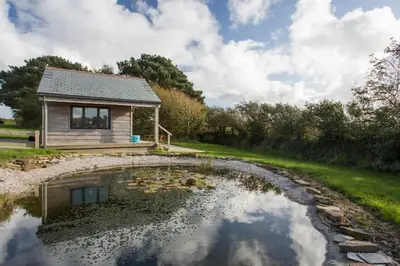a small house with a pond in front of it at Hawk's Nest in Wadebridge