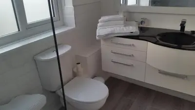a bathroom with a toilet and a sink at The Picture House Stylish Apartment in Fowey in Fowey