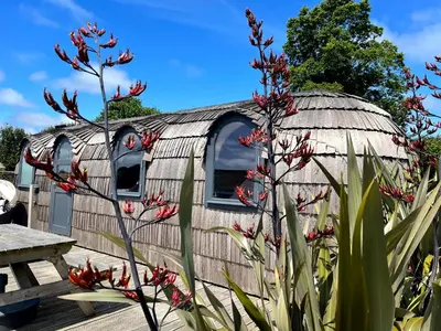 a dome house with red flowers in front of it at The Pasty - Lydcott Glamping in East Looe
