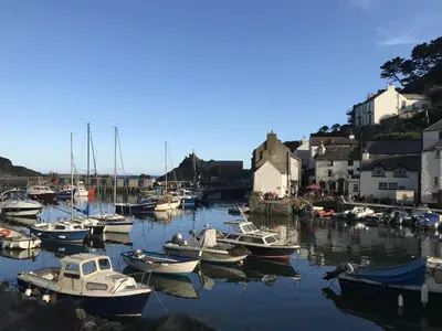 a bunch of boats are docked in a harbor at Linhay at East Trenean Farm -Luxury retreat for 2 with stunning rural views, private hot tub and EV charging in Looe