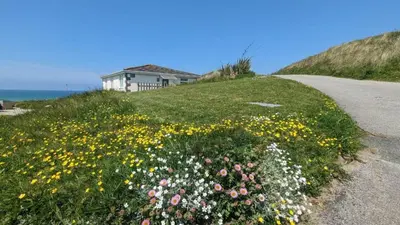 a house on the side of a hill with flowers at F24 Glenara, Riviere Towans in Hayle
