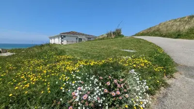 a house on the side of a hill with flowers at F75 Bronvellan, Riviere Towans in Hayle