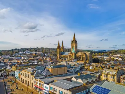 an aerial view of a city with a cathedral at Castle Cottage in Ruan Lanihorne